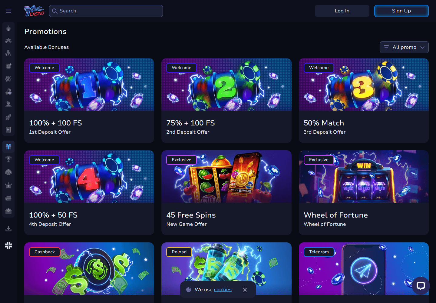 Skjermbilde av 7Bit Casino bonusside med velkomsttilbud og kampanjer
