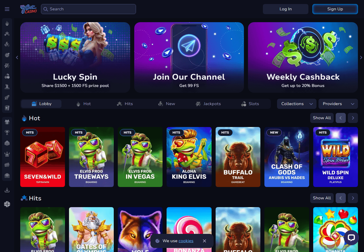 Skjermbilde av 7Bit Casino-forsiden med lobby og spillnavigasjon